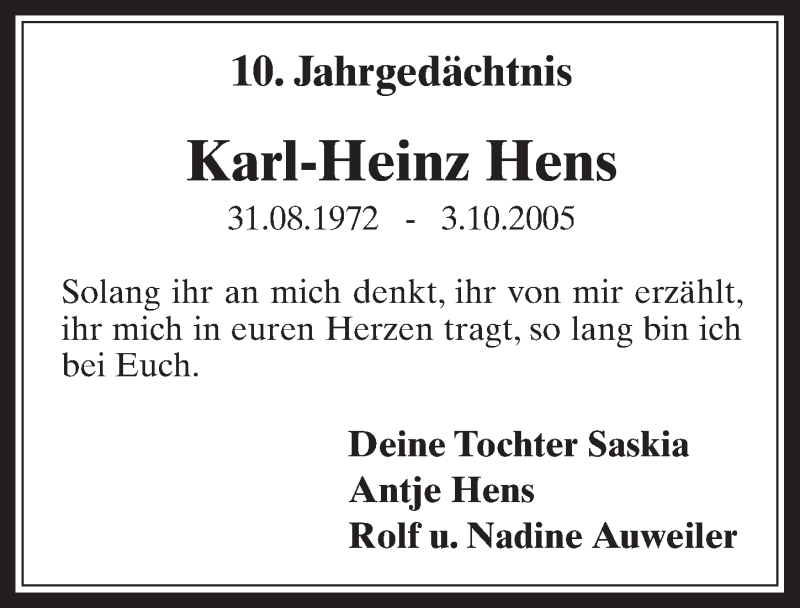  Traueranzeige für Karl-Heinz Hens vom 02.10.2015 aus  Sonntags-Post 