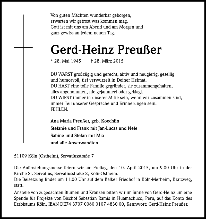  Traueranzeige für Gerd-Heinz Preußer vom 04.04.2015 aus Kölner Stadt-Anzeiger / Kölnische Rundschau / Express