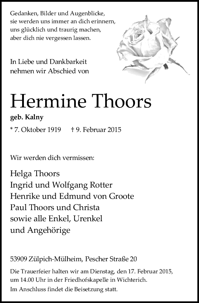  Traueranzeige für Hermine Thoors vom 15.02.2015 aus  Blickpunkt Euskirchen 