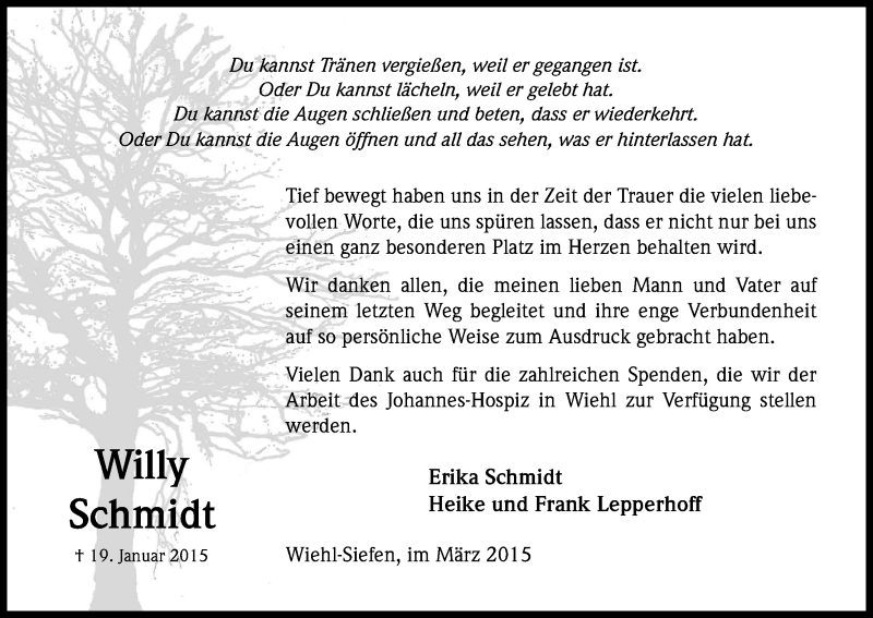  Traueranzeige für Willy Schmidt vom 07.03.2015 aus Kölner Stadt-Anzeiger / Kölnische Rundschau / Express