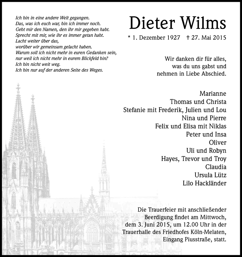  Traueranzeige für Dieter Wilms vom 30.05.2015 aus Kölner Stadt-Anzeiger / Kölnische Rundschau / Express