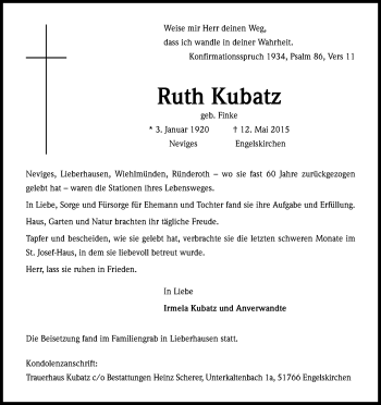 Anzeige von Ruth Kubatz von Kölner Stadt-Anzeiger / Kölnische Rundschau / Express