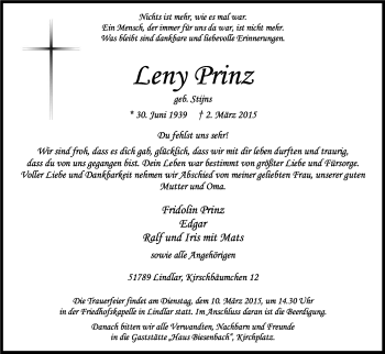 Anzeige von Leny Prinz von Kölner Stadt-Anzeiger / Kölnische Rundschau / Express