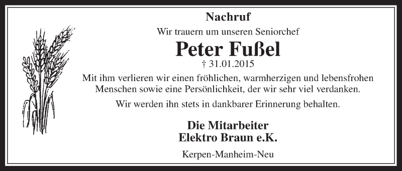  Traueranzeige für Peter Fußel vom 11.02.2015 aus  Werbepost 