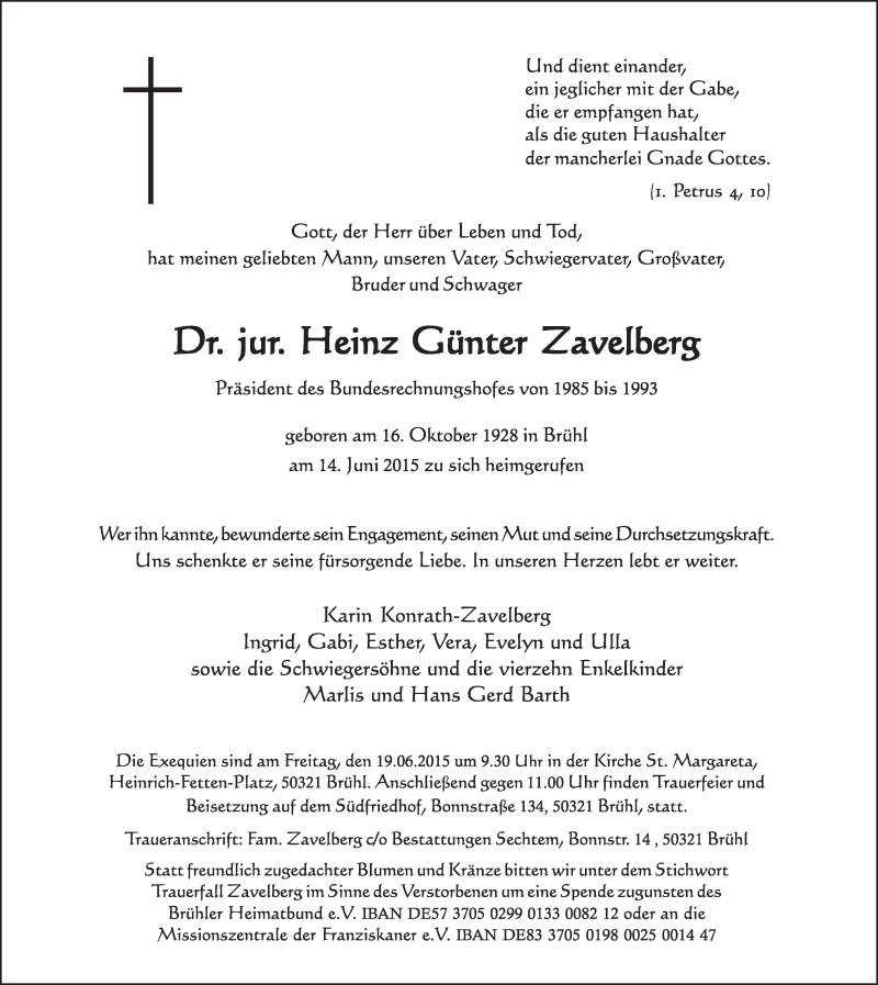  Traueranzeige für Heinz Günter Zavelberg vom 17.06.2015 aus  Schlossbote/Werbekurier 