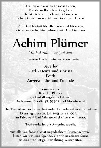 Anzeige von Achim Plümer von  Schaufenster/Blickpunkt 