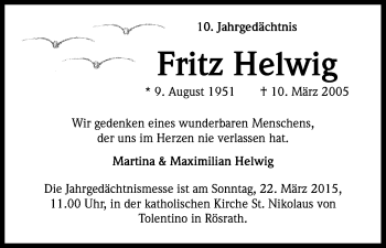 Anzeige von Fritz Helwig von Kölner Stadt-Anzeiger / Kölnische Rundschau / Express