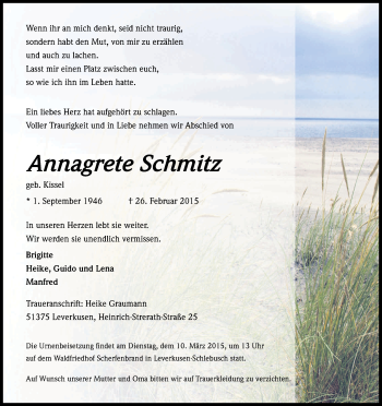 Anzeige von Annagrete Schmitz von Kölner Stadt-Anzeiger / Kölnische Rundschau / Express