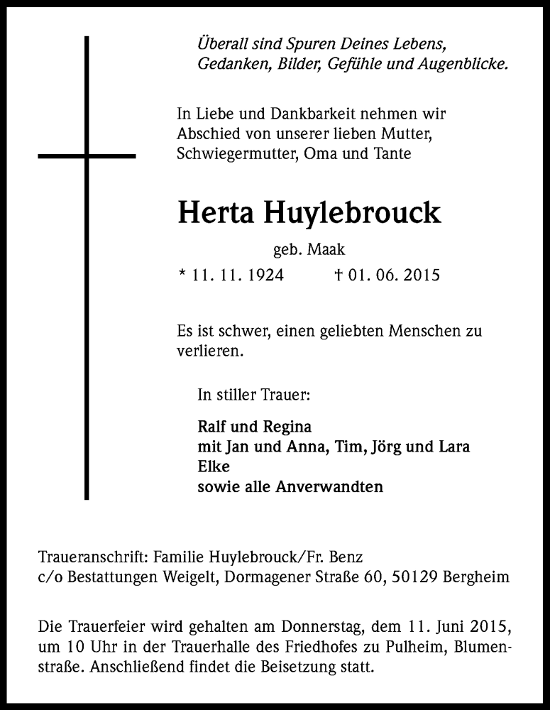  Traueranzeige für Herta Huylebrouck vom 08.06.2015 aus Kölner Stadt-Anzeiger / Kölnische Rundschau / Express