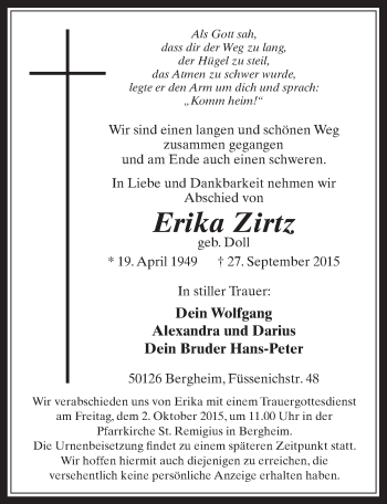Anzeige von Erika Zirtz von  Werbepost 
