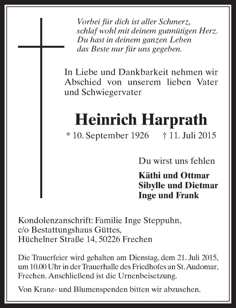  Traueranzeige für Heinrich Harprath vom 15.07.2015 aus  Wochenende 