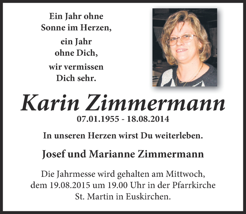  Traueranzeige für Karin Zimmermann vom 16.08.2015 aus  Blickpunkt Euskirchen 