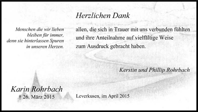  Traueranzeige für Karin Rohrbach vom 25.04.2015 aus Kölner Stadt-Anzeiger / Kölnische Rundschau / Express