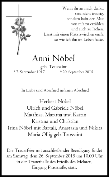 Anzeige von Anni Nöbel von Kölner Stadt-Anzeiger / Kölnische Rundschau / Express