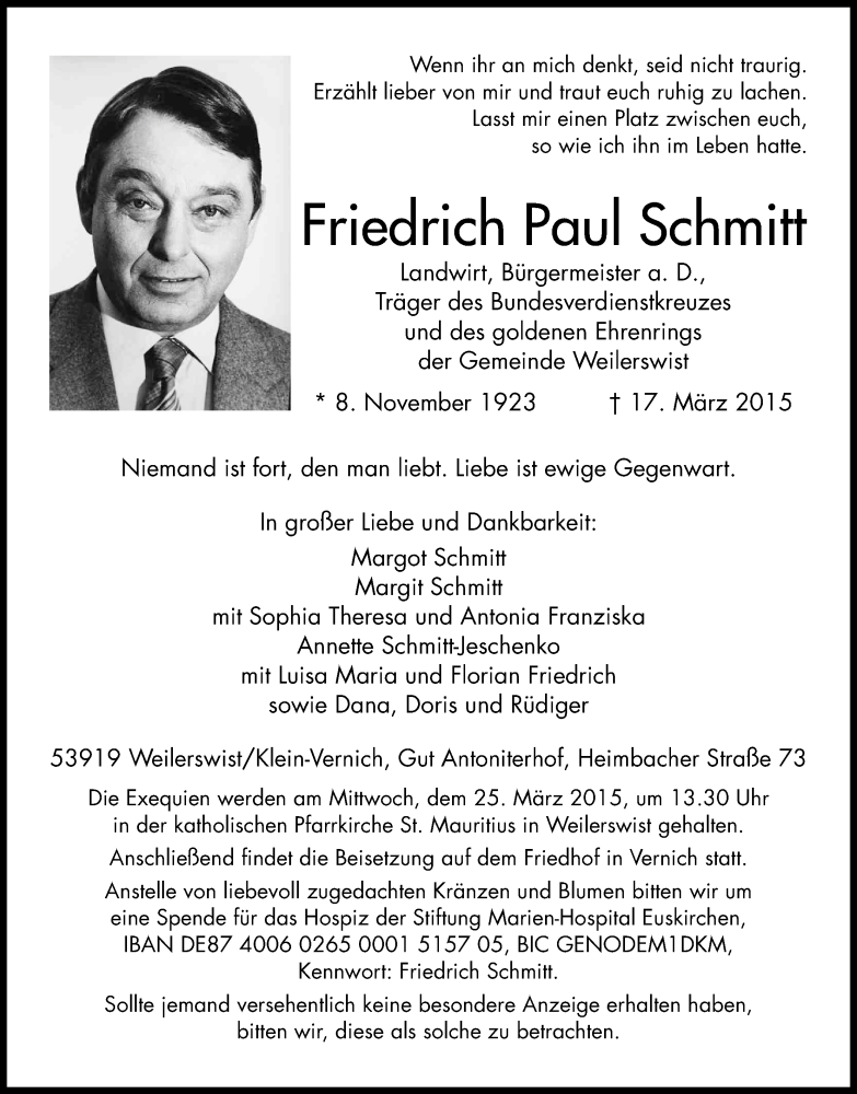  Traueranzeige für Friedrich Paul Schmitt vom 21.03.2015 aus Kölner Stadt-Anzeiger / Kölnische Rundschau / Express
