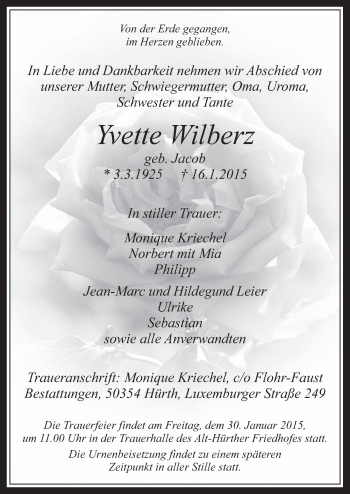 Anzeige von Yvette Wilberz von  Wochenende 