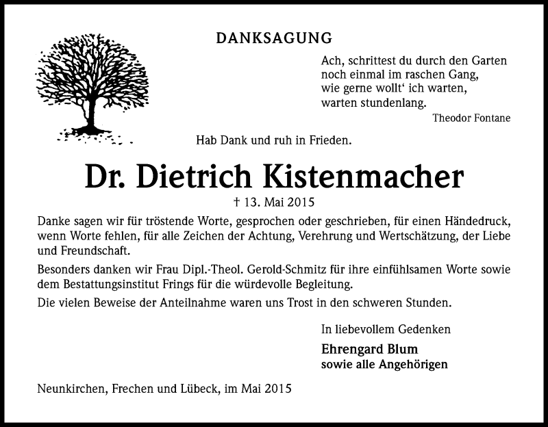  Traueranzeige für Dietrich Kistenmacher vom 13.06.2015 aus Kölner Stadt-Anzeiger / Kölnische Rundschau / Express