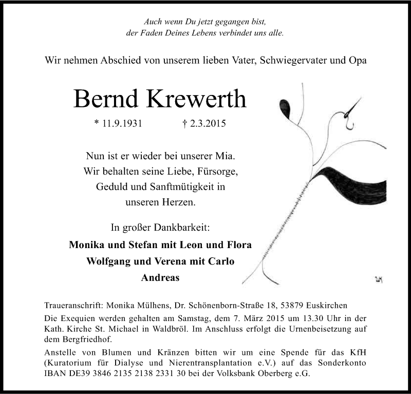  Traueranzeige für Bernd Krewerth vom 04.03.2015 aus Kölner Stadt-Anzeiger / Kölnische Rundschau / Express