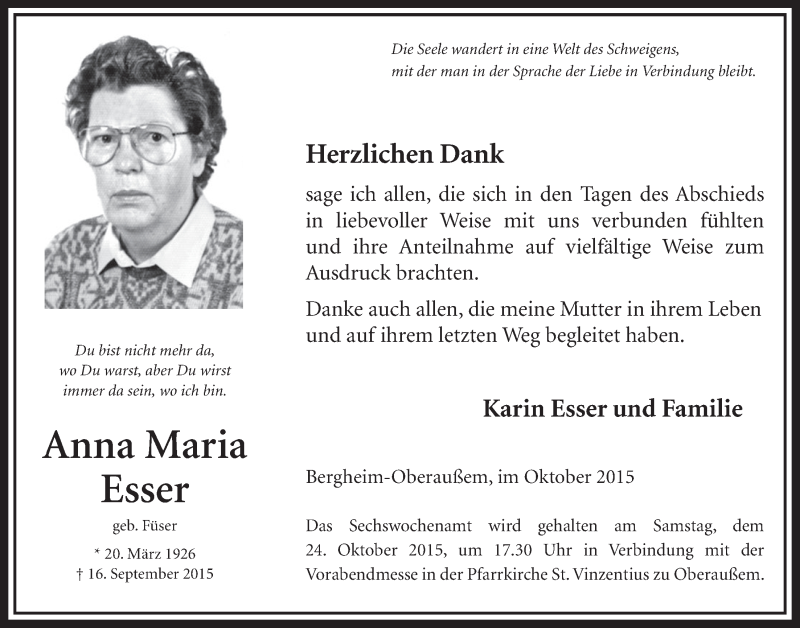  Traueranzeige für Anna Maria Esser vom 24.10.2015 aus  Sonntags-Post 