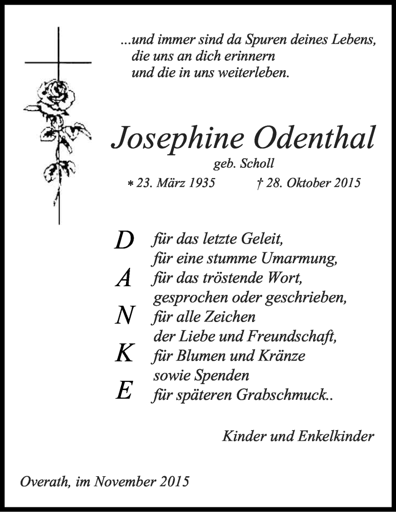  Traueranzeige für Josephine Odenthal vom 14.11.2015 aus Köln - Wir Trauern