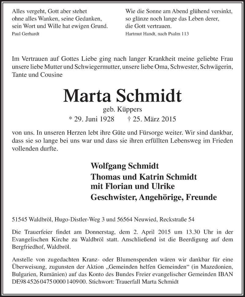  Traueranzeige für Marta Schmidt vom 01.04.2015 aus  Lokalanzeiger 