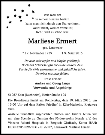 Anzeige von Marliese Ermert von Kölner Stadt-Anzeiger / Kölnische Rundschau / Express