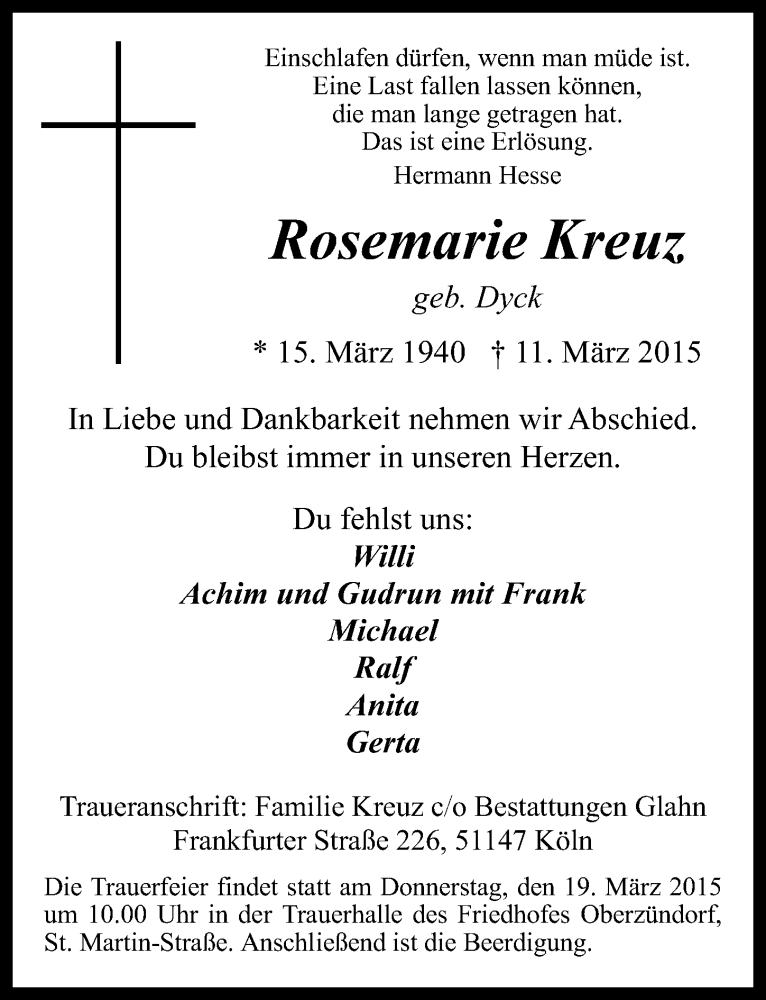  Traueranzeige für Rosemarie Kreuz vom 18.03.2015 aus  Kölner Wochenspiegel 