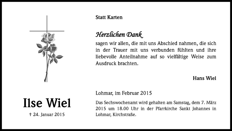  Traueranzeige für Ilse Wiel vom 28.02.2015 aus Kölner Stadt-Anzeiger / Kölnische Rundschau / Express