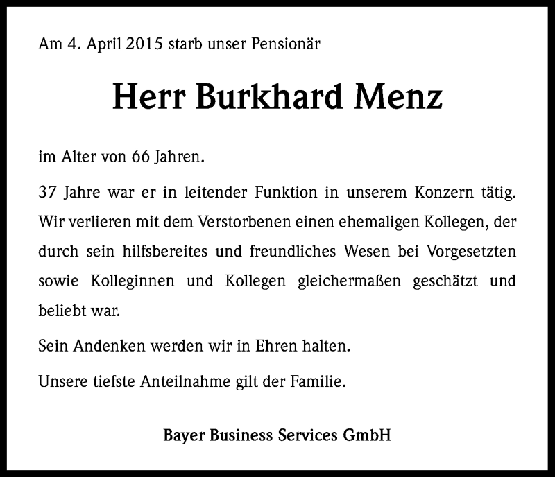  Traueranzeige für Burkhard Menz vom 16.04.2015 aus Kölner Stadt-Anzeiger / Kölnische Rundschau / Express