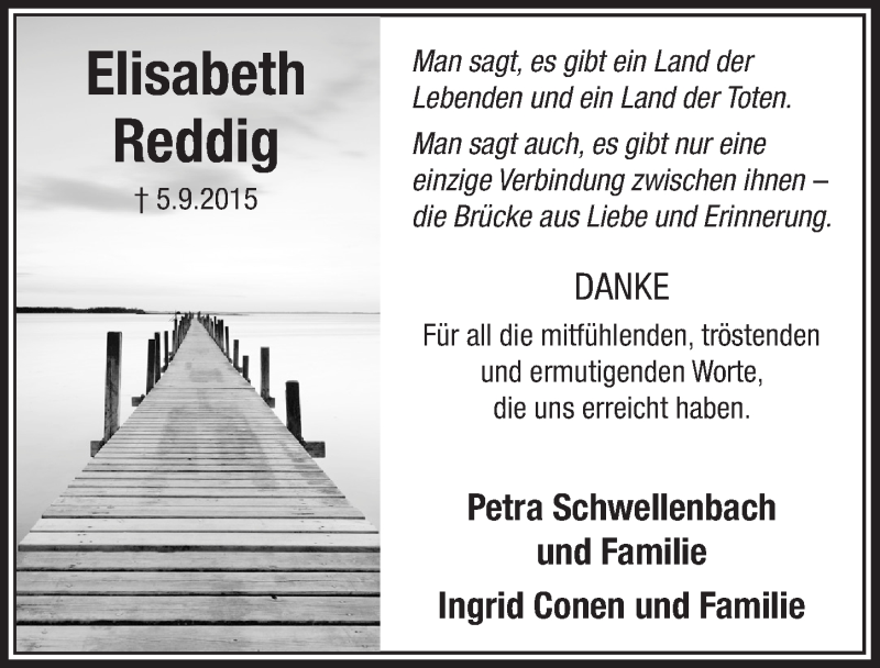  Traueranzeige für Elisabeth Reddig vom 07.10.2015 aus  Bergisches Handelsblatt 