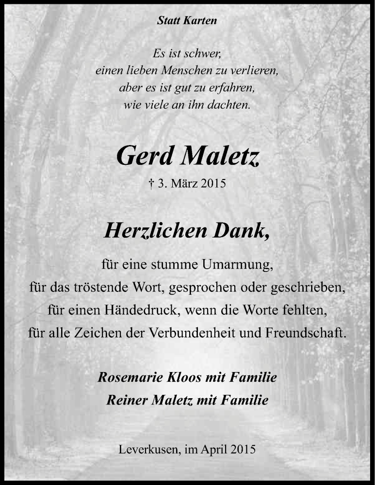  Traueranzeige für Gerd Maletz vom 04.04.2015 aus Kölner Stadt-Anzeiger / Kölnische Rundschau / Express