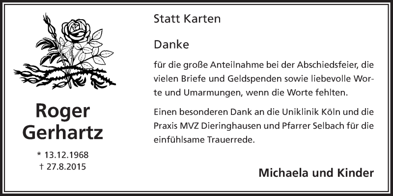  Traueranzeige für Roger Gerhartz vom 07.10.2015 aus  Anzeigen Echo 