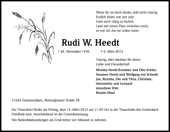Anzeige von Rudi W. Heedt von Kölner Stadt-Anzeiger / Kölnische Rundschau / Express