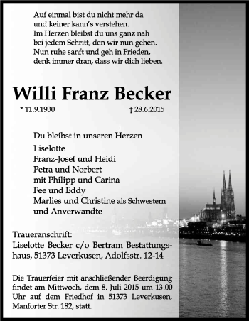 Anzeige von Willi Franz Becker von Kölner Stadt-Anzeiger / Kölnische Rundschau / Express