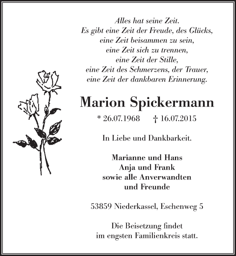  Traueranzeige für Marion Spickermann vom 22.07.2015 aus  Extra Blatt 