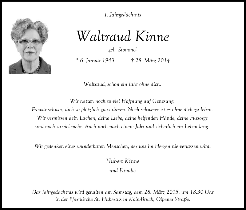  Traueranzeige für Waltraud Kinne vom 21.03.2015 aus Kölner Stadt-Anzeiger / Kölnische Rundschau / Express