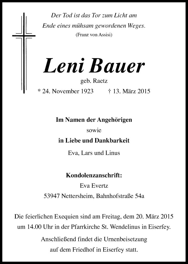  Traueranzeige für Leni Bauer vom 18.03.2015 aus Kölner Stadt-Anzeiger / Kölnische Rundschau / Express