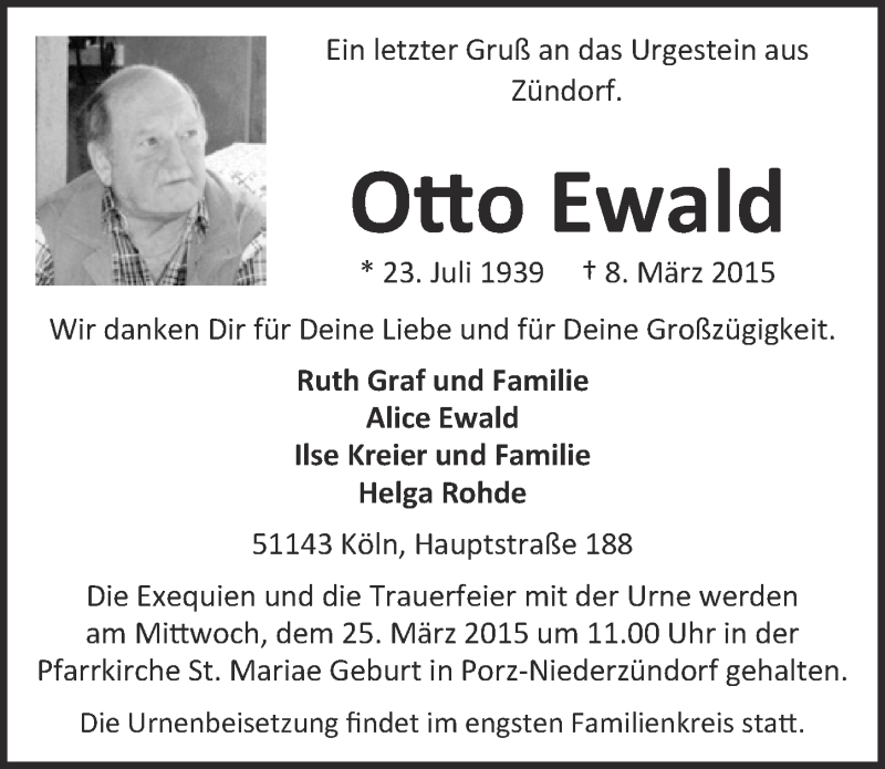  Traueranzeige für Otto Ewald vom 18.03.2015 aus  Kölner Wochenspiegel 