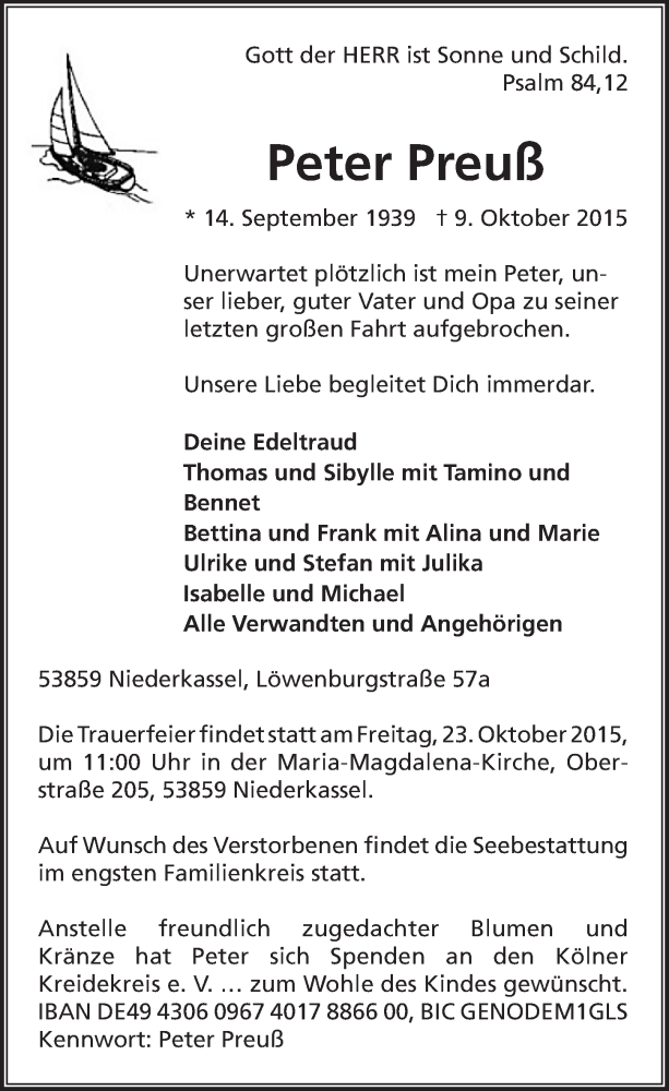  Traueranzeige für Peter Preuß vom 21.10.2015 aus  Extra Blatt 