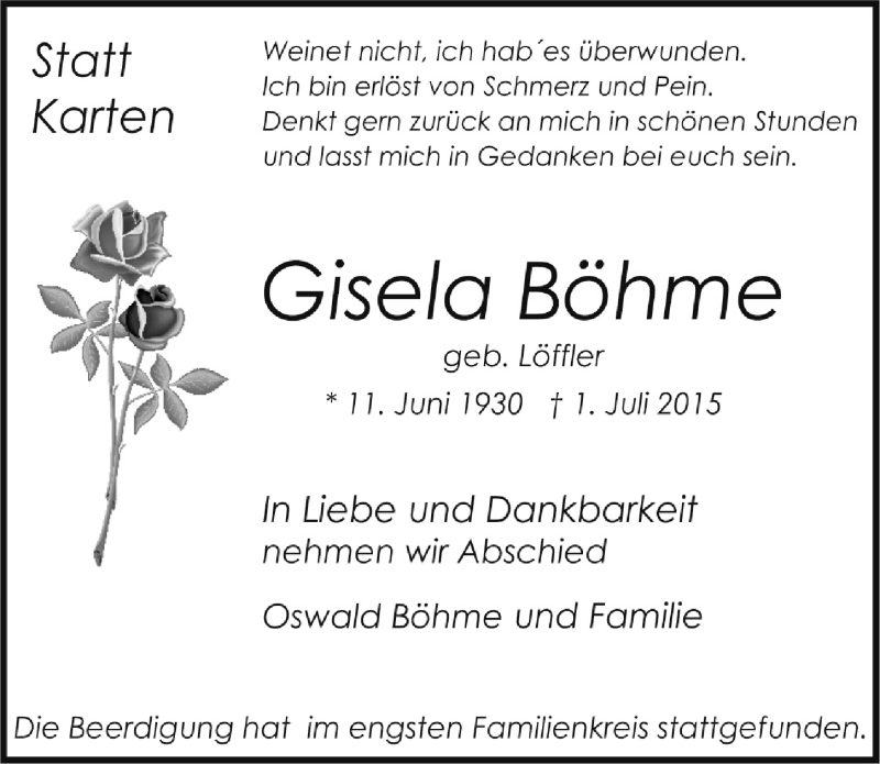  Traueranzeige für Gisela Böhme vom 22.07.2015 aus  Bergisches Handelsblatt 