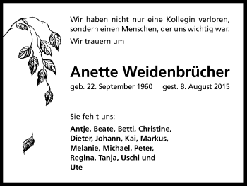 Anzeige von Anette Weidenbrücher von Kölner Stadt-Anzeiger / Kölnische Rundschau / Express