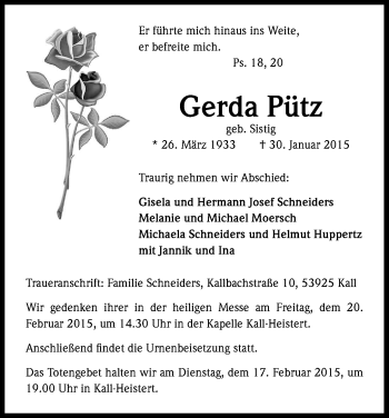 Anzeige von Gerda Pütz von Kölner Stadt-Anzeiger / Kölnische Rundschau / Express