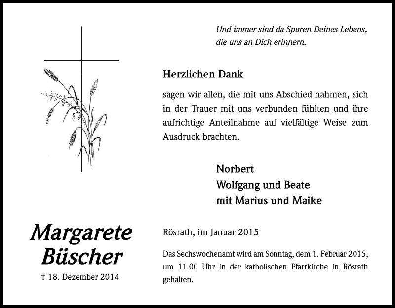  Traueranzeige für Margarete Büscher vom 24.01.2015 aus Kölner Stadt-Anzeiger / Kölnische Rundschau / Express