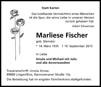 Anzeige von Marliese Fischer von Kölner Stadt-Anzeiger / Kölnische Rundschau / Express