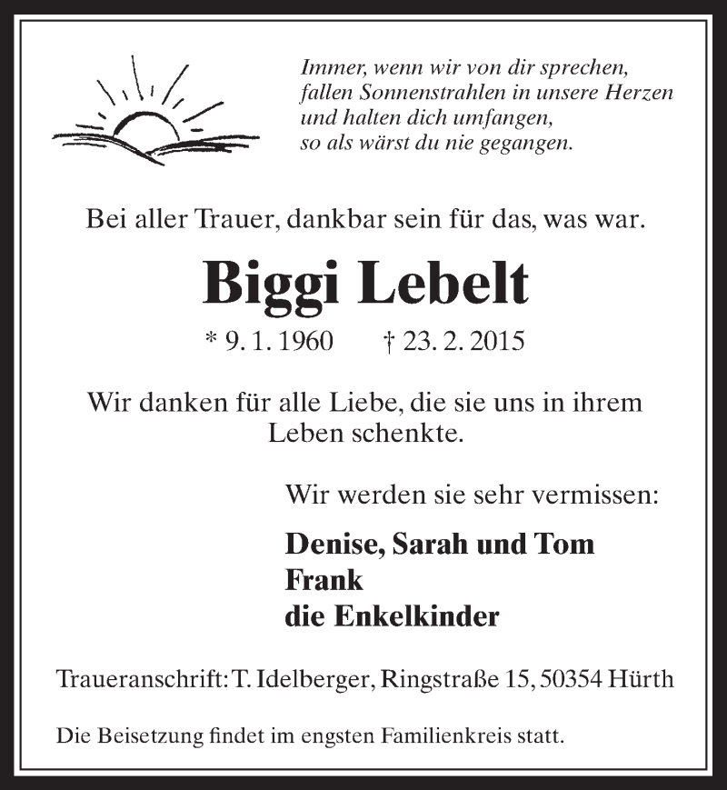  Traueranzeige für Biggi Lebelt vom 11.03.2015 aus  Wochenende 