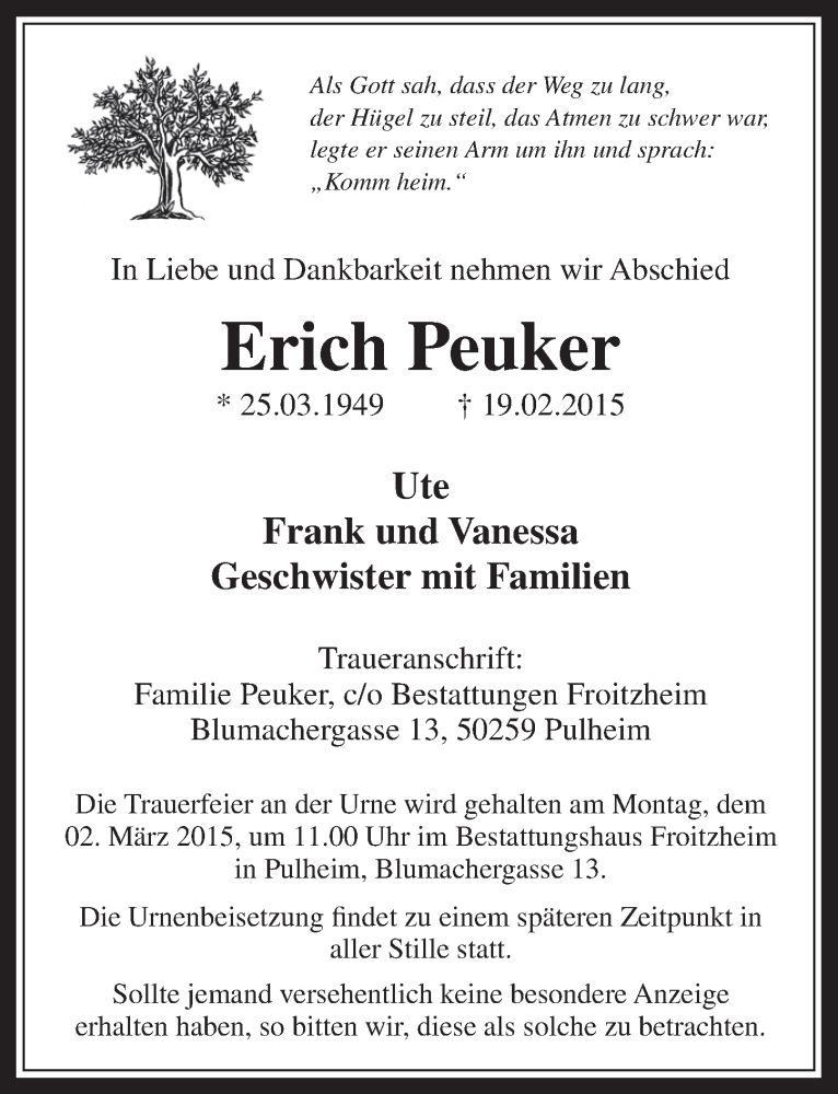  Traueranzeige für Erich Peuker vom 25.02.2015 aus  Wochenende 