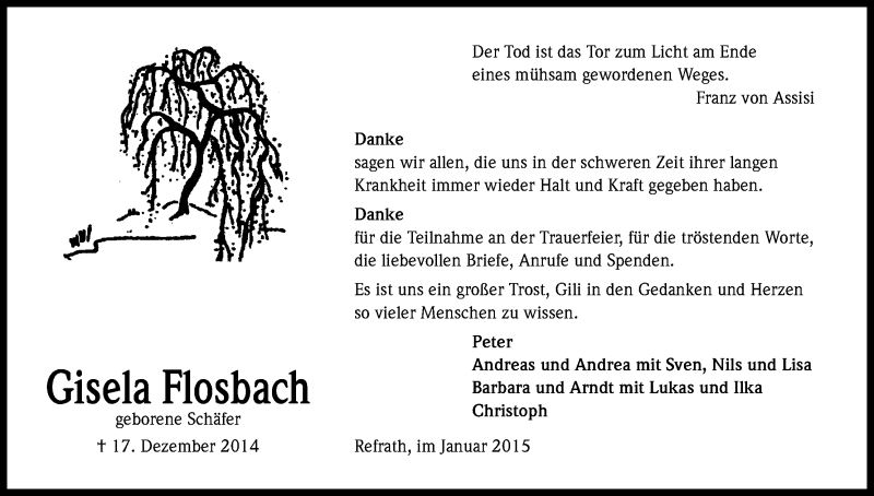  Traueranzeige für Gisela Flosbach vom 17.01.2015 aus Kölner Stadt-Anzeiger / Kölnische Rundschau / Express