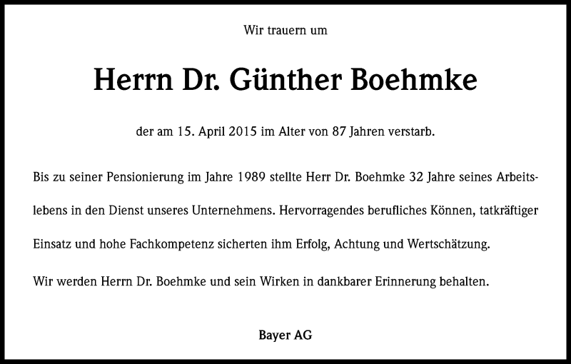  Traueranzeige für Günther Boehmke vom 25.04.2015 aus Kölner Stadt-Anzeiger / Kölnische Rundschau / Express