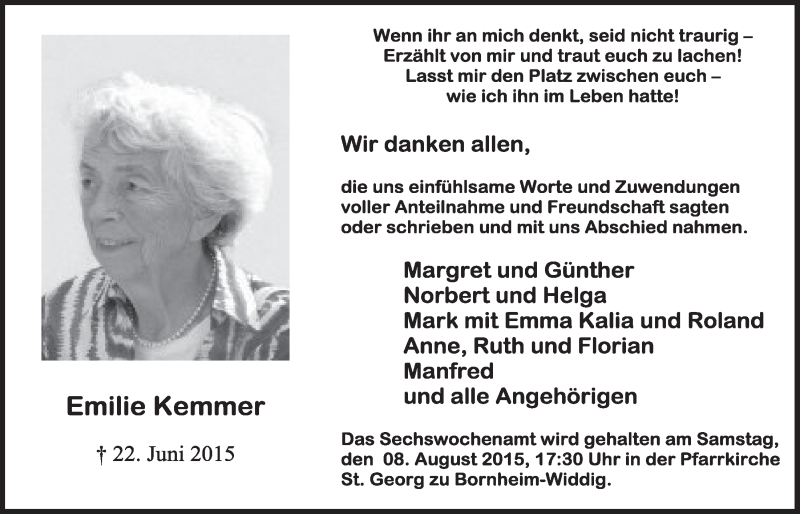  Traueranzeige für Emilie Kemmer vom 22.07.2015 aus  Schlossbote/Werbekurier 