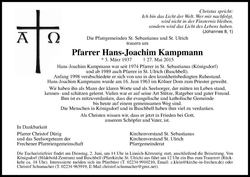  Traueranzeige für Hans-Joachim Kampmann vom 01.06.2015 aus Kölner Stadt-Anzeiger / Kölnische Rundschau / Express
